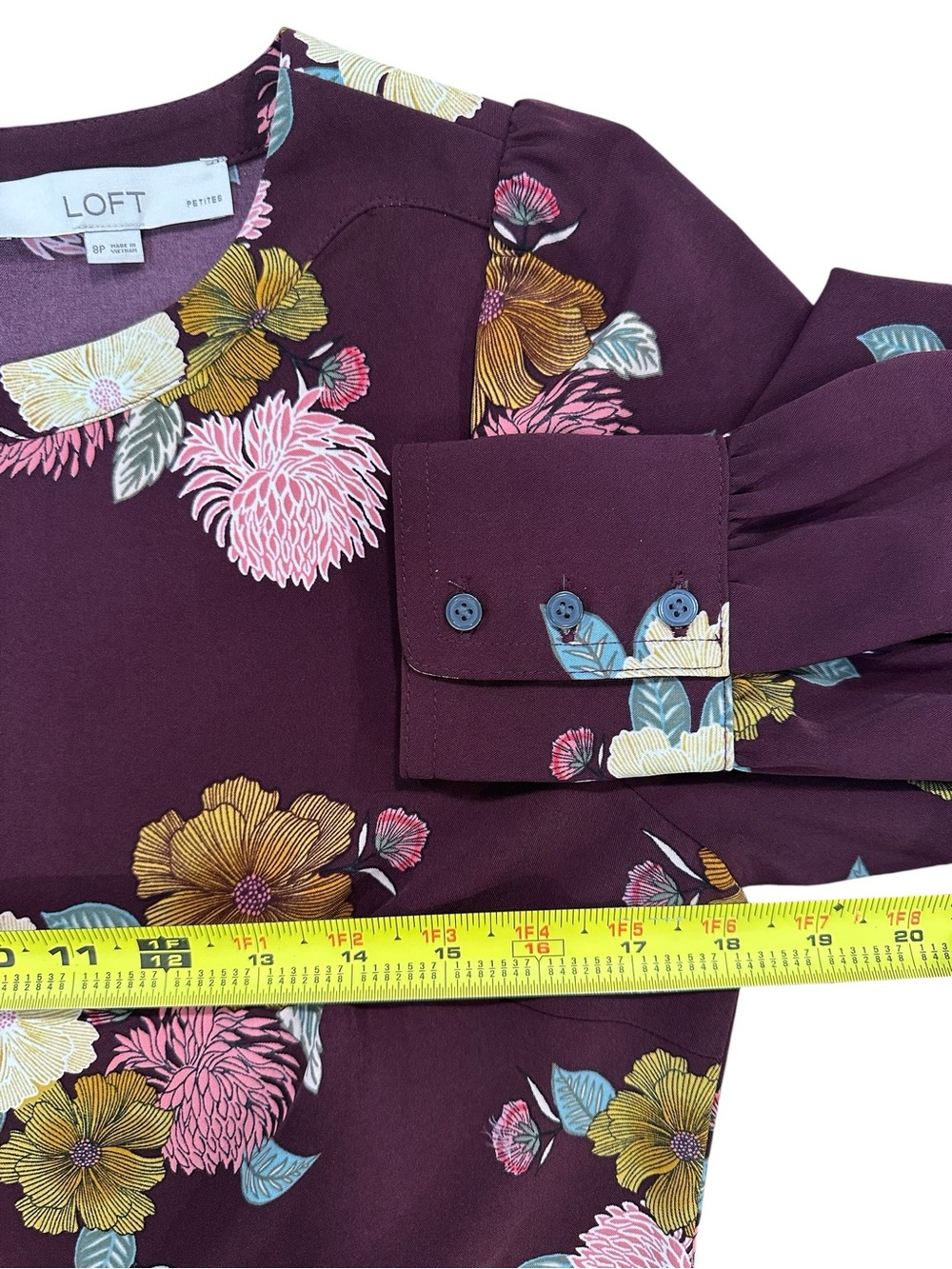 Ann Taylor LOFT Women's Burgundy Floral Long-Sleeve Shift Dress 8P 8 Petite - Picture 6 of 8